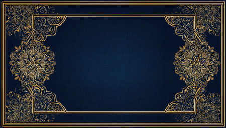 An ornate gold frame with detailed floral patterns is set against a deep blue backdrop. The image features intricate designs and a central empty area, inviting content placement. The artwork's rich colors and textures create a luxurious feel suitable for various design projects and advertising materials.の素材