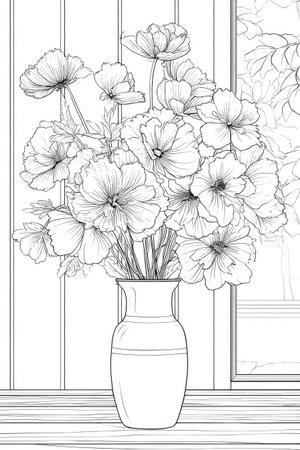 A detailed line art illustration presents a vase brimming with stylized flowers. The image showcases a monochromatic palette, emphasizing the texture and form of the blooms. The composition includes a window in the background, offering a glimpse of an outdoor setting. Suitable for various design applications, from decorative purposes to editorial content.の素材