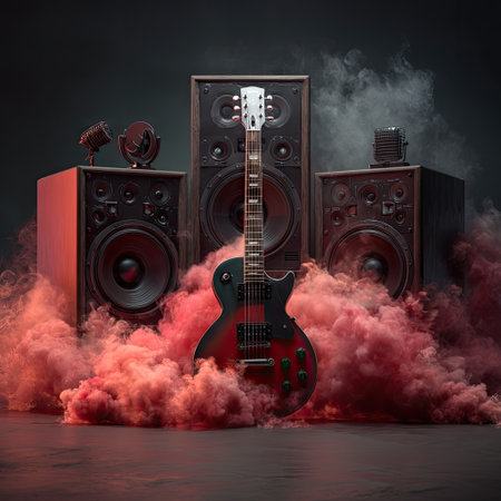 An electric guitar stands centered before speakers amid red smoke. The composition presents a studio setting with a moody atmosphere. Colors include black, red, and brown. Suitable for promotional materials and editorial content related to music, performance, and recording.の素材