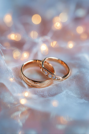 Two gold wedding rings are placed on a delicate, textured fabric, illuminated by soft lighting. The composition features a shallow depth of field, highlighting the rings and creating a blurred background with warm bokeh effects. This image is suitable for various commercial uses, including advertisements and editorial content.の素材