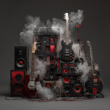 An image showcases electric guitars and amplifiers amid a cloud of smoke. The composition features diverse musical equipment illuminated with red accents. The atmosphere suggests a studio environment with a dramatic lighting scheme. Ideal for music-related projects or creative content.の素材