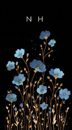 This image presents a stylized floral design, featuring vibrant blue flowers and delicate gold stems. The composition is set against a stark black background, emphasizing the contrast and elegance. The overall style suggests potential applications in design, decorative art, or editorial projects, offering versatile visual appeal.の素材