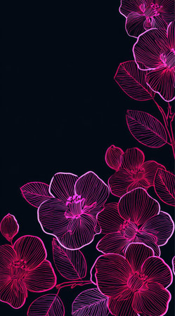 This artwork presents a stylized arrangement of flowers rendered with fine lines and a vibrant magenta hue. The composition is set against a deep black background, highlighting the intricate details of the floral forms. It evokes a sense of modern artistry and is well-suited for various design projects.の素材