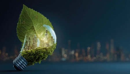 An artistic light bulb features a miniature cityscape within, contrasted by a vibrant green leaf. The image showcases environmental responsibility and urban development. Colors include green, blue, and shades of gray, suggesting a balance between nature and city life. It could be used for promoting sustainable living or discussing architectural concepts.の素材