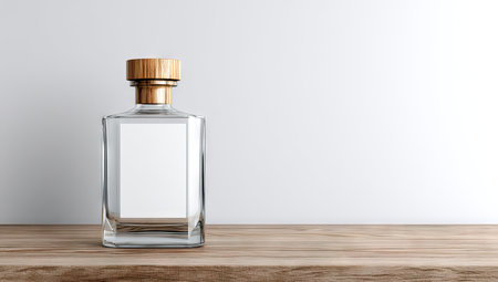 A clear glass bottle with a wooden cap stands on a wooden surface, set against a plain white background. The bottle's minimalist design showcases its transparency and the contrast with the wood. The composition is likely suitable for product advertising or illustrating concepts of purity and elegance.の素材