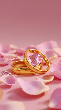 Two golden rings with a pink gemstone are featured, resting atop a bed of delicate pink flower petals. The close-up shot uses soft lighting, showcasing the texture of the petals and the shine of the rings. This image can be used for editorial and commercial applications related to relationships and beauty.の素材
