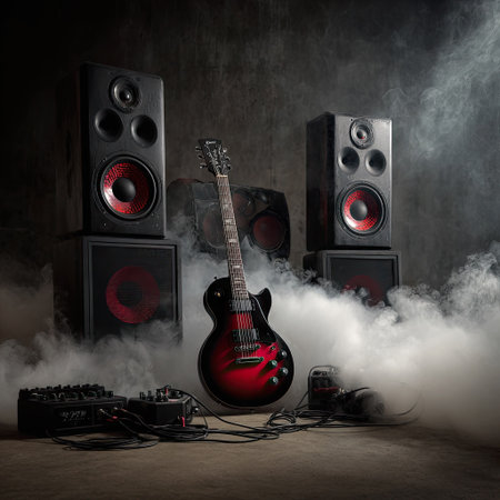 An electric guitar stands centered between two speakers on a dark background enveloped in fog. The composition includes musical equipment and speakers. The lighting creates shadows. It may be suitable for advertising, editorials or creative projects related to music, sound, and entertainment themes.の素材