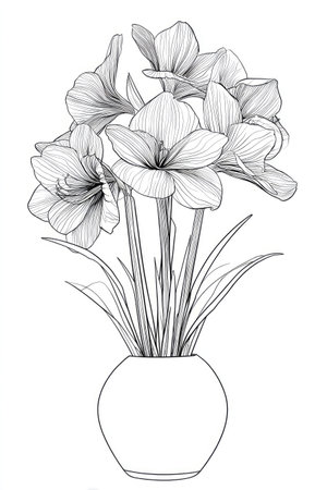 A detailed, monochrome illustration depicts a cluster of flowering plants in a minimalist vase. The artwork utilizes delicate line work, suggesting texture and form with subtle shading. The composition features an overhead perspective with the plants set against a plain background. This image could be used for various editorial or commercial purposes.の素材
