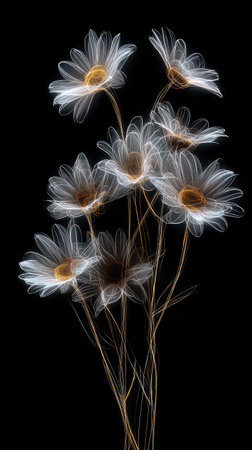 A close-up illustration depicts a cluster of daisy flowers with luminous, ethereal petals against a stark black backdrop. The composition features a delicate interplay of light and shadow, with subtle color gradients, creating a visually striking and stylized representation. Suitable for various design projects.の素材