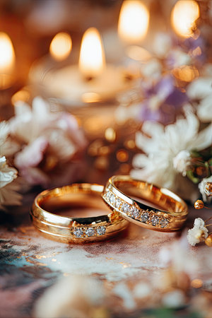 Two gold rings with diamonds are the focal point, resting on a reflective surface. Soft lighting from candles creates a warm, romantic ambiance, and blurred floral elements add to the scene's aesthetic. This image is suitable for various editorial and commercial applications related to relationships and celebrations.の素材
