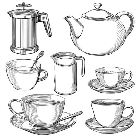 This black and white illustration showcases various tea and coffee service items. The image features a teapot, coffee press, cups, a creamer, and saucers, all depicted with intricate line work. The composition suggests a clean and classic design. Suitable for editorial use, this image could enhance projects related to beverages or culinary topics.の素材