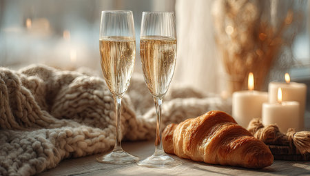 Two champagne glasses are presented with a warm light highlighting the liquid within. A fresh croissant rests nearby on a textured blanket. The scene is illuminated by soft daylight and candles, creating a sense of warmth and intimacy, suitable for celebratory occasions or general visual content.の素材