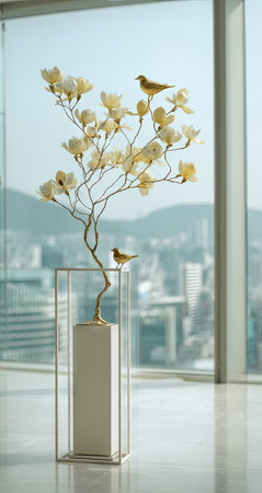 A stylish floral display features delicate blossoms and small bird sculptures. The arrangement is presented in a modern geometric frame near a large window. Soft light bathes the scene, highlighting the textures and colors. This image is suitable for various commercial uses, including interior design and artistic concepts.の素材