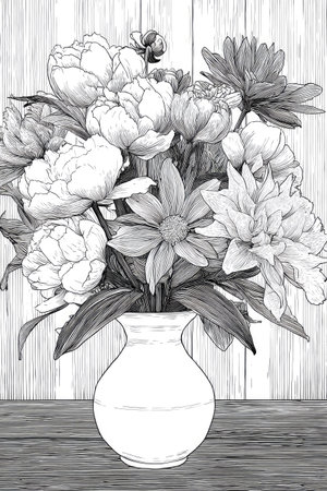 A detailed black and white illustration showcases a bouquet of diverse flowers artfully arranged in a decorative vase. The monochromatic composition highlights the textures of petals and leaves. Set against a backdrop of wooden panels, this image can be used for various design projects, including prints and illustrations.の素材