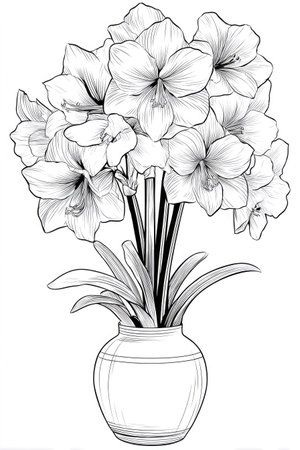An illustration depicts an amaryllis plant in full bloom, set in a decorative vase. The monochromatic artwork emphasizes the intricate details of the flowers and leaves. The composition is clean, with sharp lines and highlights. Suitable for design projects, editorial publications, and various visual content.の素材