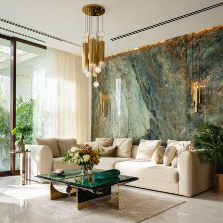 An interior space displays a contemporary living room design. The image showcases a comfortable seating arrangement complemented by a glass coffee table. The walls feature unique textures, while sunlight streams in through large windows. This scene is suitable for lifestyle, home decor, or architectural content.の素材