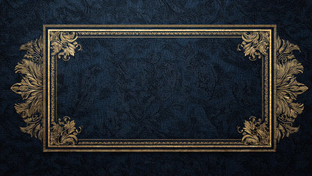 An ornate golden frame, embellished with intricate floral designs, is centered against a dark, textured background. The composition highlights the frame's details with soft lighting. This image is suitable for a variety of uses, including presentations, graphic design projects, and decorative purposes.の素材