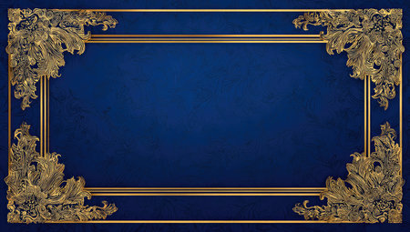 An ornate frame is the central focus, showcasing detailed gold embellishments at the corners. The frame surrounds a dark blue background. The composition features a symmetrical design with elaborate floral and foliate motifs. The image evokes a sense of luxury, and it could be suitable for various design projects.の素材