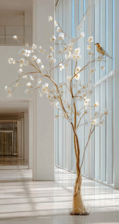 A tall decorative tree with delicate white blossoms and a small bird is positioned indoors, illuminated by natural light. The scene features a modern, minimalist architectural style with clean lines and bright white walls. This image could be used for various commercial or editorial purposes.の素材