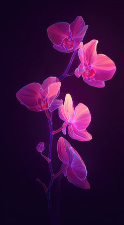 The image features a close-up of orchid blooms in shades of pink, bathed in soft light. The composition highlights the delicate textures and forms of the petals against a deep, contrasting backdrop. Suitable for artistic projects, design elements, and decorative applications, this image offers a visually striking aesthetic.の素材