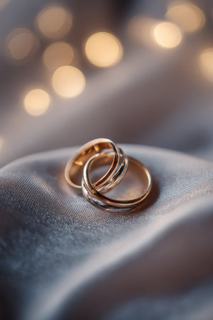 Two intertwined gold rings rest upon a silky gray fabric, illuminated by soft lighting. The image showcases close-up details with a blurred bokeh background. The composition suggests romance and commitment suitable for various commercial or editorial applications. The rings symbolize union, displayed in a soft, diffused lighting environment.の素材