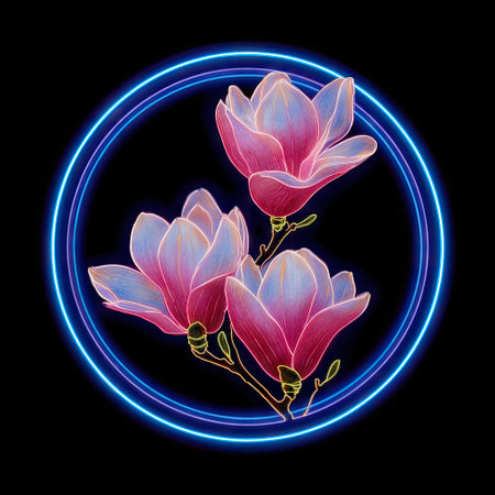 Three vibrant magnolia flowers are artistically presented within a glowing neon blue circle against a stark black backdrop. The blossoms showcase shades of pink, blue, and yellow with detailed textures. The composition offers a modern look suitable for decorative purposes or various design applications. It evokes a sense of beauty and sophistication.の素材