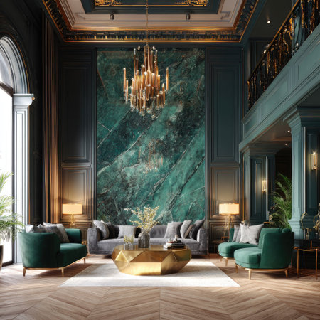 This interior showcases a luxurious living space with emerald green and gold accents. The composition features high ceilings, a grand chandelier, and plush furniture. The room is bathed in warm light, highlighting the textures of the decor. Suitable for use in design, architecture, or lifestyle content.の素材