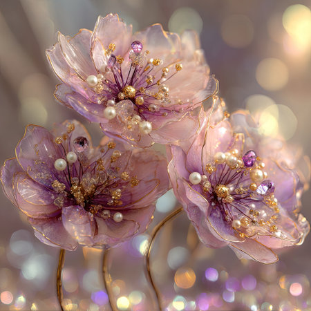 This image showcases decorative floral arrangements with translucent petals in shades of pink and purple. The flowers display gold accents and pearl-like details, set against a blurred background. The style suggests a refined aesthetic with diffused lighting, suitable for various design projects and editorial content.の素材