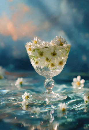A crystal goblet is filled with delicate white flowers, suggesting a refreshing drink or decorative display. The composition features soft lighting and a blurred background of blue and white hues. This image offers visual appeal suitable for various uses, including design and editorial applications.の素材