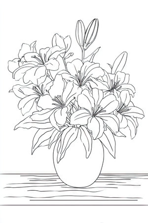 This black and white illustration showcases a bouquet of lilies in a vase, composed with a clean and simple style. The graphic emphasizes intricate details of the flower's petals and leaves, rendered with precise line work. Ideal for various projects, it offers potential for educational materials and design templates.の素材