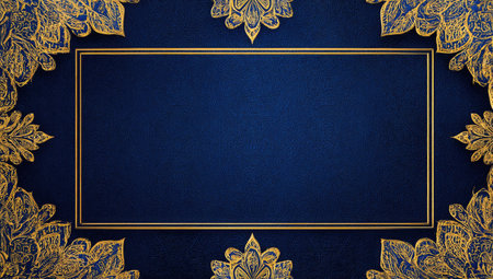 An ornate gold frame encloses a dark blue rectangular space. Decorative floral patterns are arranged around the frame. The design exhibits a detailed texture and rich color palette. It may be used for invitations, announcements, or as a design element for various commercial purposes.の素材