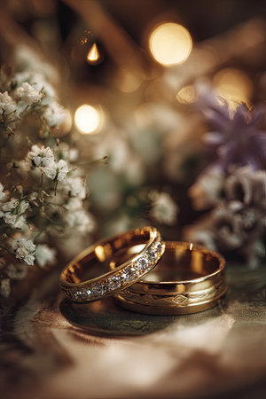 Two gold rings, one adorned with diamonds, rest on a reflective surface. The image presents a shallow depth of field, with soft bokeh lights and delicate white flowers. The overall aesthetic is warm with golden tones and soft shadows suggesting an indoor, possibly celebratory setting, suitable for various editorial and commercial applications.の素材