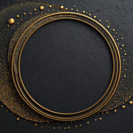 A top-down view showcases two concentric golden circles resting on a dark, textured surface. Surrounding the circles are scattered golden particles. The composition features high contrast with dramatic lighting. Suitable for advertising, graphic design projects, and various creative endeavors.の素材