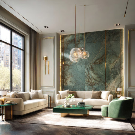 This living room showcases a modern interior design featuring plush sofas, a green marble wall, and stylish lighting. The composition highlights a sense of space with a focus on neutral tones and textures. It would be suitable for architectural visualization, design portfolios, and interior decor publications.の素材