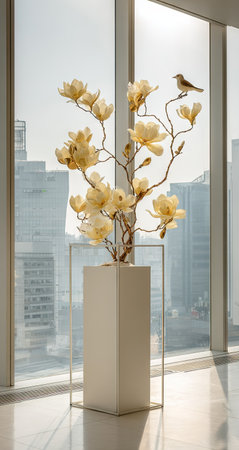 A striking floral arrangement features light-yellow blossoms and a small bird perched atop delicate branches, presented within a contemporary white vase. The composition showcases a minimalist style with a window offering a backdrop of urban architecture and soft sunlight. This image is suitable for various commercial uses, including decorative elements.の素材
