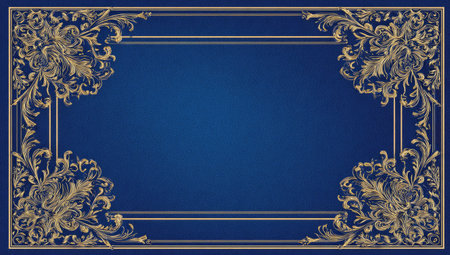This image features an ornate, floral border design with a rich, deep blue backdrop. The intricate pattern includes golden flourishes and decorative elements. The composition offers ample copy space, making it suitable for a variety of creative and commercial applications. The design suggests a luxurious or classical aesthetic.の素材