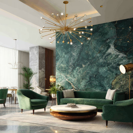 This image showcases a luxuriously designed living room featuring modern furniture. The room is characterized by a rich color palette, including shades of green and gold, with a striking marble-like wall. Overhead lighting illuminates the space, creating a warm ambiance. Suitable for editorial use, illustrating home design concepts, or commercial projects.の素材