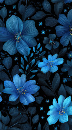 This floral pattern features a repeating design of blue flowers and leaves against a dark background. The composition uses a high-angle view with the flowers providing the primary visual focus. This design is suitable for various applications, including textiles, wallpaper, and other design projects.の素材
