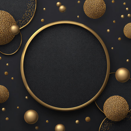 A gold circular frame dominates a dark background, surrounded by various sizes of golden spheres. The composition features a symmetrical arrangement, with the elements creating a luxurious visual. This image utilizes a high-angle perspective, ideal for designs requiring an upscale aesthetic, potentially suitable for advertising or decorative purposes.の素材