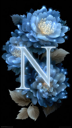 This image presents a digital artwork of blue flowers arranged around a luminescent letter N. The composition features a dark backdrop, creating contrast with the lighter colors. The illustration's style includes glowing effects that give it an artistic touch suitable for various design projects and editorial uses.の素材