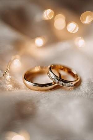 Two golden rings are showcased on a blurred backdrop. The image features a shallow depth of field, emphasizing the rings' textures and details. Soft, warm lighting and bokeh effects contribute to a romantic mood. This image could be suitable for use in promotional materials or editorial content.の素材