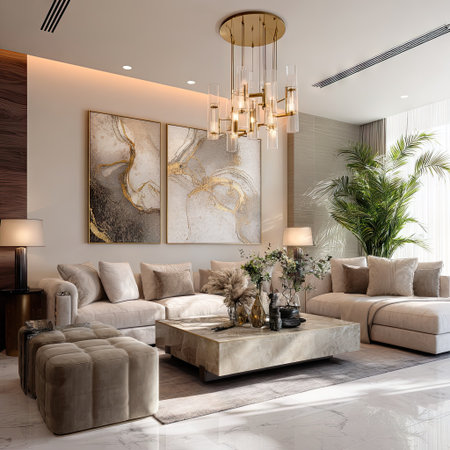 An interior shot reveals a luxurious living space. The scene showcases modern furniture, including a large sofa, ottoman, and coffee table. Paintings adorn the walls, complemented by a decorative chandelier. Neutral tones dominate the color palette, with natural light enhancing the scene. The image is suitable for commercial and editorial purposes.の素材