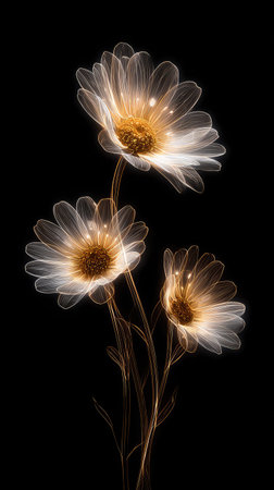 This image features a delicate floral arrangement with translucent white and golden petals. The flowers exhibit a glowing effect, set against a deep black background. The composition highlights the organic forms and textures, creating a striking contrast. It could be used for various creative projects, including editorial content and design.の素材