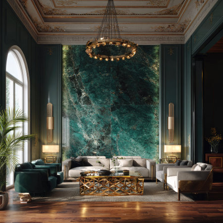 An interior showcases a sophisticated living room with stylish furniture. The scene features a marble wall, a decorative chandelier, and a combination of green, gold, and neutral tones. This setting is suitable for illustrating concepts of high-end design, interior decoration, and modern living. It can be used for various commercial or editorial projects.の素材