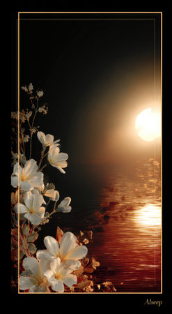 An artistic image presents white flowers in the foreground with a blurred background featuring a bright sun reflecting on the water. The composition showcases warm tones, with subtle textures and a sense of depth. Suitable for various creative projects, this image may find application in editorial or commercial contexts.の素材