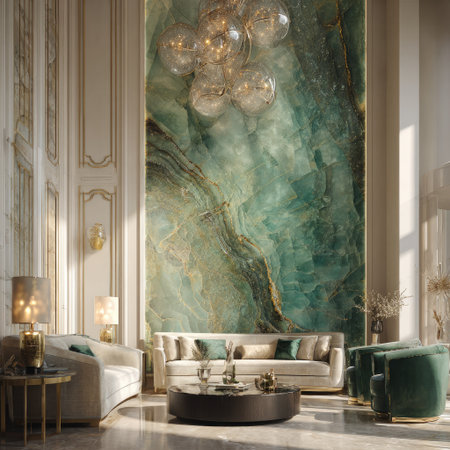 This image showcases a modern living room interior. It features a large, abstract art piece as a focal point, complemented by stylish seating and ambient lighting. The room's color palette incorporates neutral tones and touches of green and gold. Suitable for design, lifestyle, or interior decor publications or marketing materials.の素材