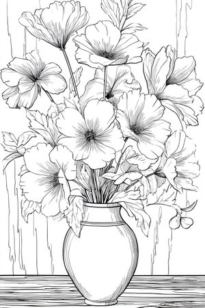 This black and white illustration presents a detailed drawing of various flowers in a vase. The composition features a variety of blooms and foliage, set against a backdrop suggesting a wooden surface. The illustration style is artistic, with careful line work and shading. Suitable for editorial and commercial applications.の素材