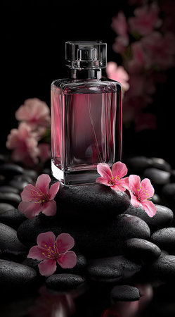 A perfume bottle stands on dark stones, surrounded by pink flowers against a black backdrop. The composition features a clear glass bottle filled with a pink liquid. The image presents a clean and modern style with high-contrast lighting. Suitable for advertising and editorial purposes.の素材