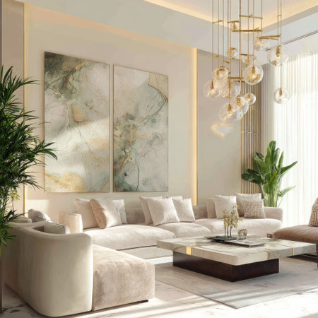 This living room showcases a modern interior with a focus on neutral colors. A large, comfortable sofa and decorative pillows are key features. The composition is balanced with soft lighting and a large abstract painting. It suggests a contemporary living space suitable for residential or commercial projects.の素材