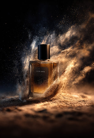 A perfume bottle stands out against a dark background, highlighted by dynamic light and powder effects. The image shows a square glass bottle with a black cap. The composition incorporates golden and brown tones. This could be used for advertising, product promotions, or conceptual imagery.の素材